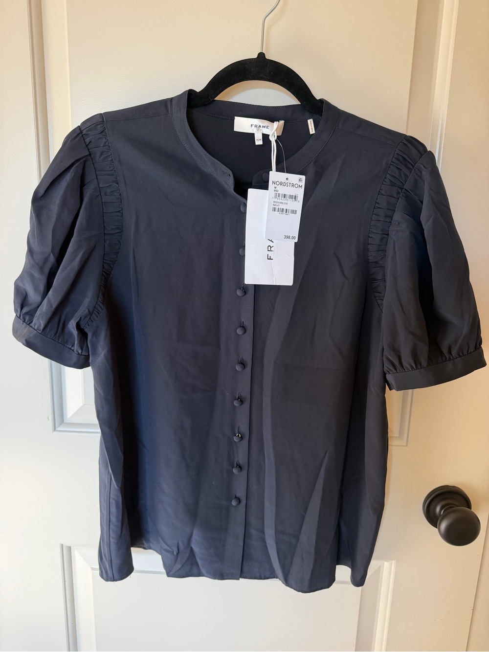 NWT FRAME Navy Puff Sleeve Button Front Blouse - Size M